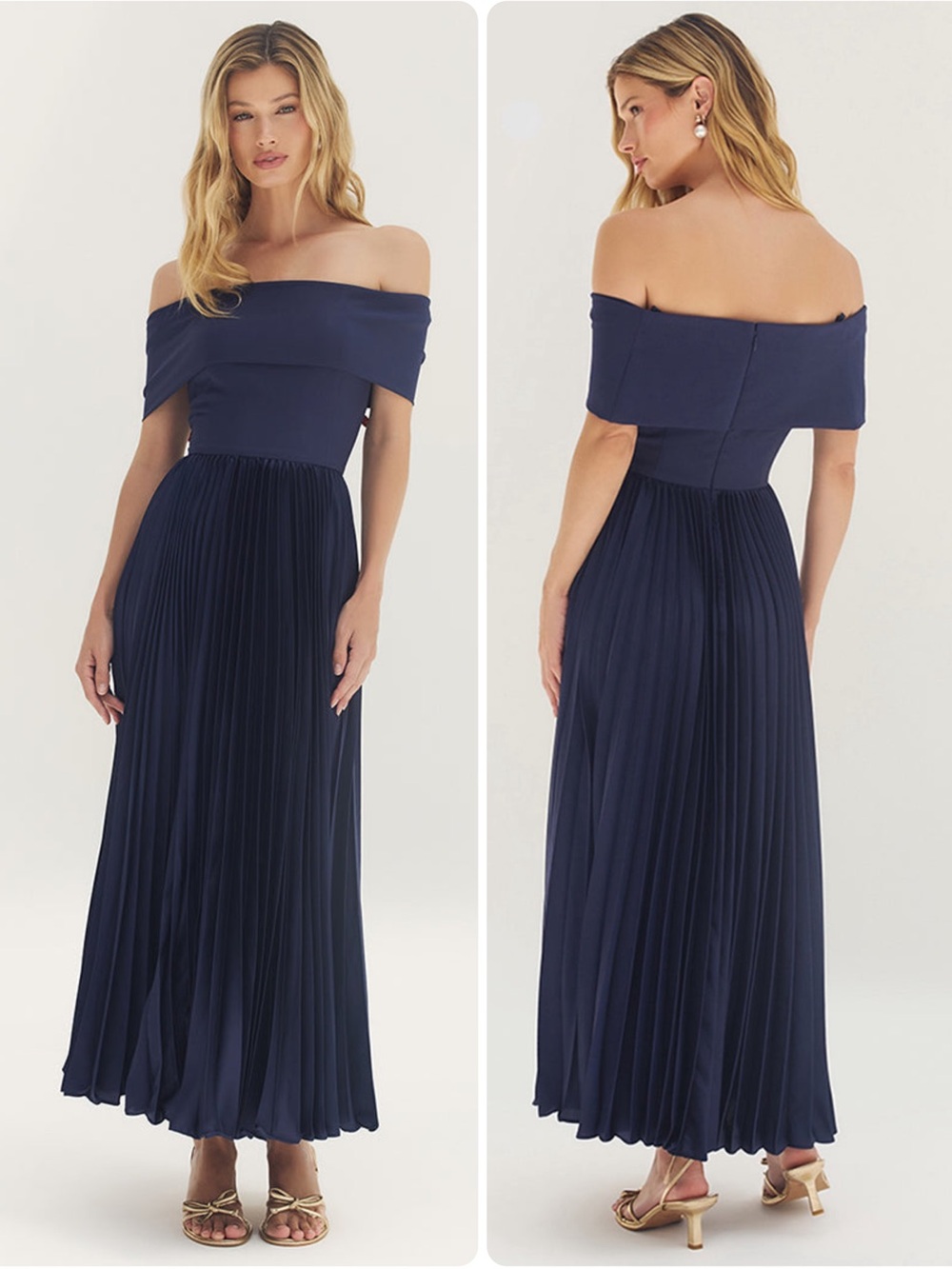 Hutch Stockton Off-Shoulder Navy Pleated Maxi Dress NWT $410